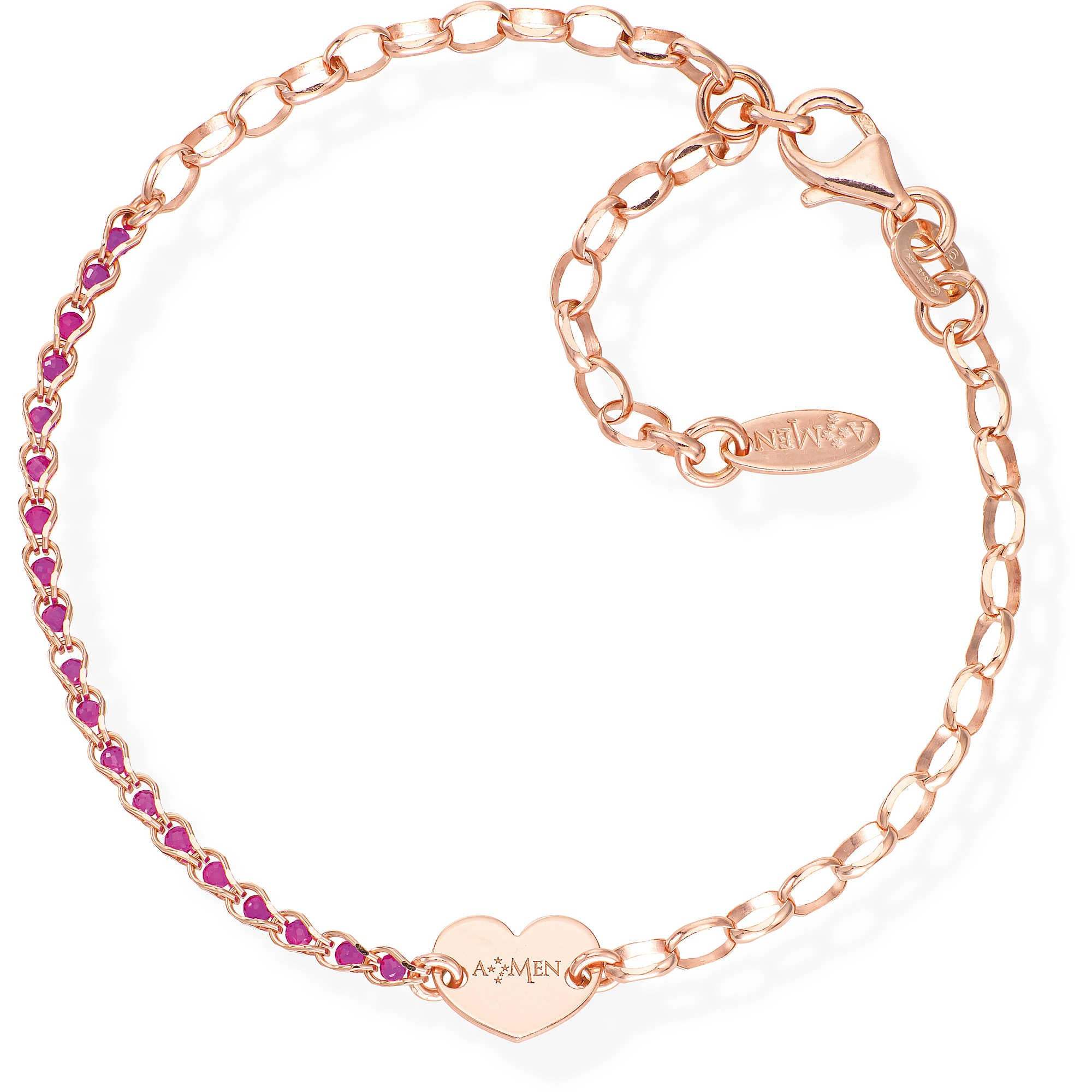 Amen | Bracciale Donna | Cuore cristalli rosa | Arg.925 oro rosa | 16+3 cm