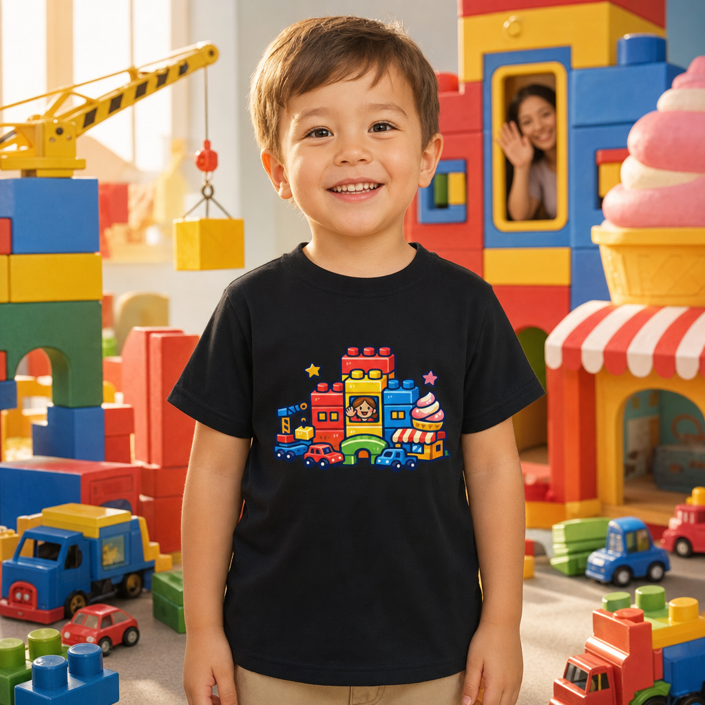 T-shirt bambino città di costruzioni e gelato per 4 anni