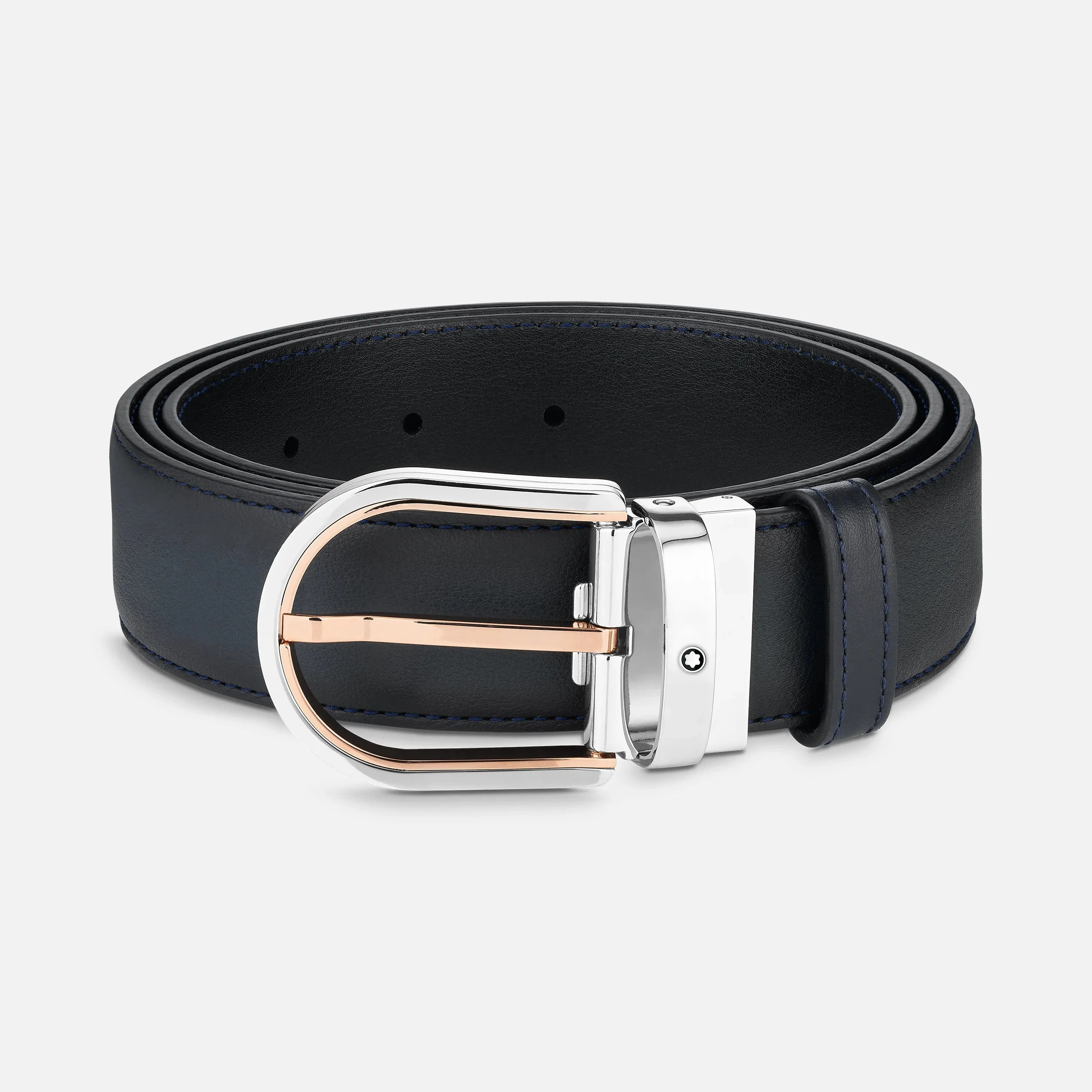 Montblanc Cintura Uomo Fibbia Oro Rosa e Palladio | Pelle Blu Sfumata | 35 mm