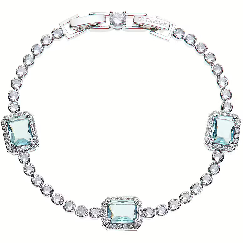 Bracciale tennis Ottaviani dall’aspetto argentato con tre elementi rettangolari azzurri incorniciati da piccoli zirconi chiari.