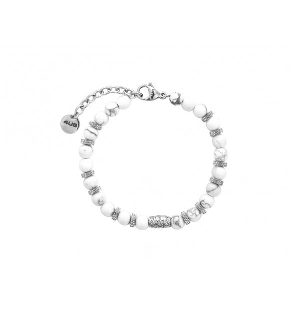 Bracciale Cesare Paciotti 4US con sfere bianche, distanziali metallici decorati, moschettone e catenella di estensione