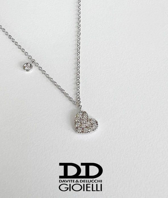 Davite e Delucchi Collana Donna Cuore Pave Diamanti | Oro Bianco 18kt | 0,17 ct