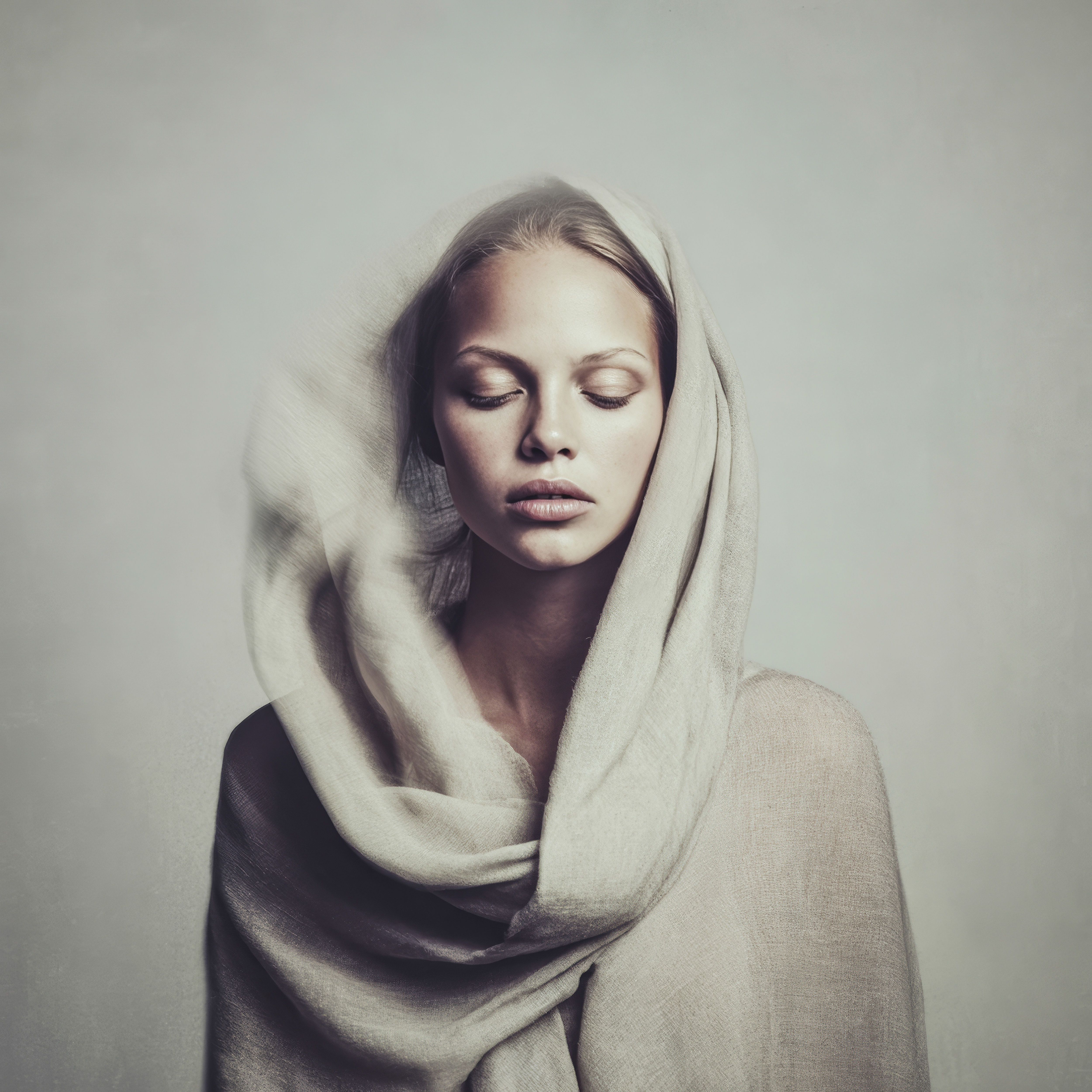 She is not hiding. She is resting within herself. The veil does not