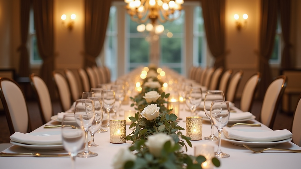 Eye-level view of a beautifully decorated wedding reception table