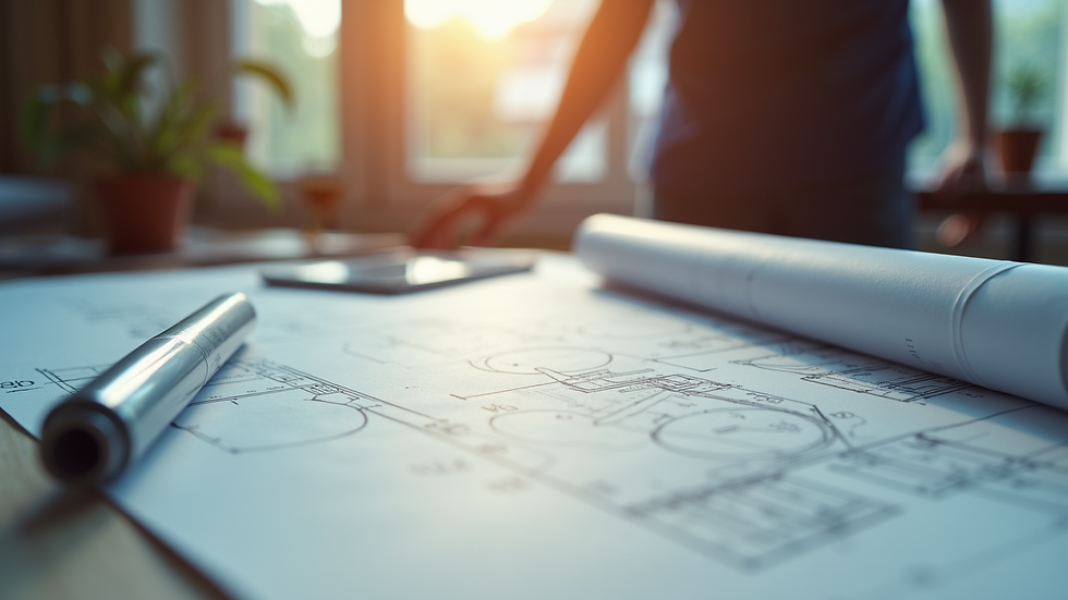 Eye-level view of a drafting table with architectural blueprints