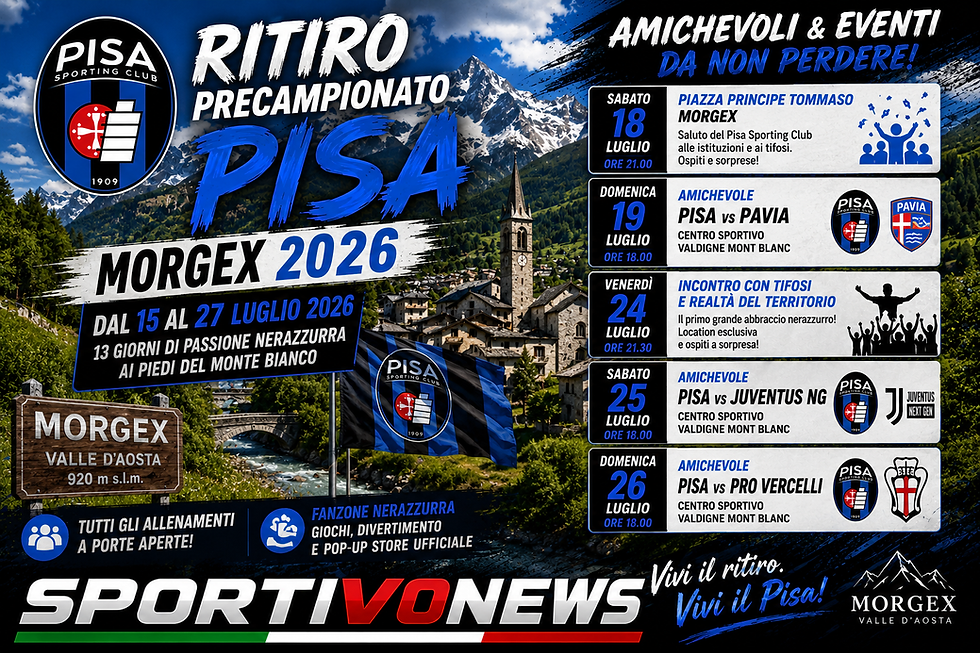 Il conto alla rovescia è iniziato. Dal 15 al 27 luglio il Pisa Sporting Club accenderà ufficialmente i motori della stagione 2026-2027 con il tradizionale ritiro estivo di Morgex, in Valle d’Aosta. Tredici giorni che non saranno soltanto allenamenti e amichevoli, ma una vera e propria immersione nel mondo nerazzurro, tra sport, incontri con i tifosi e momenti di condivisione ai piedi del Monte Bianco.