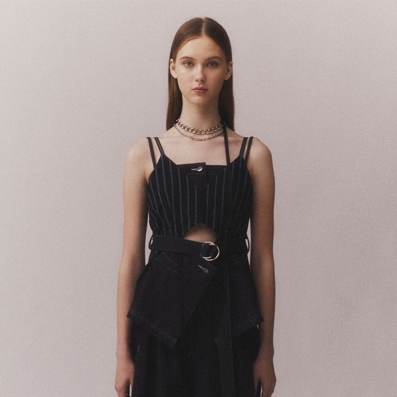 Thumbnail: Layered denim mixed cut-out strap top