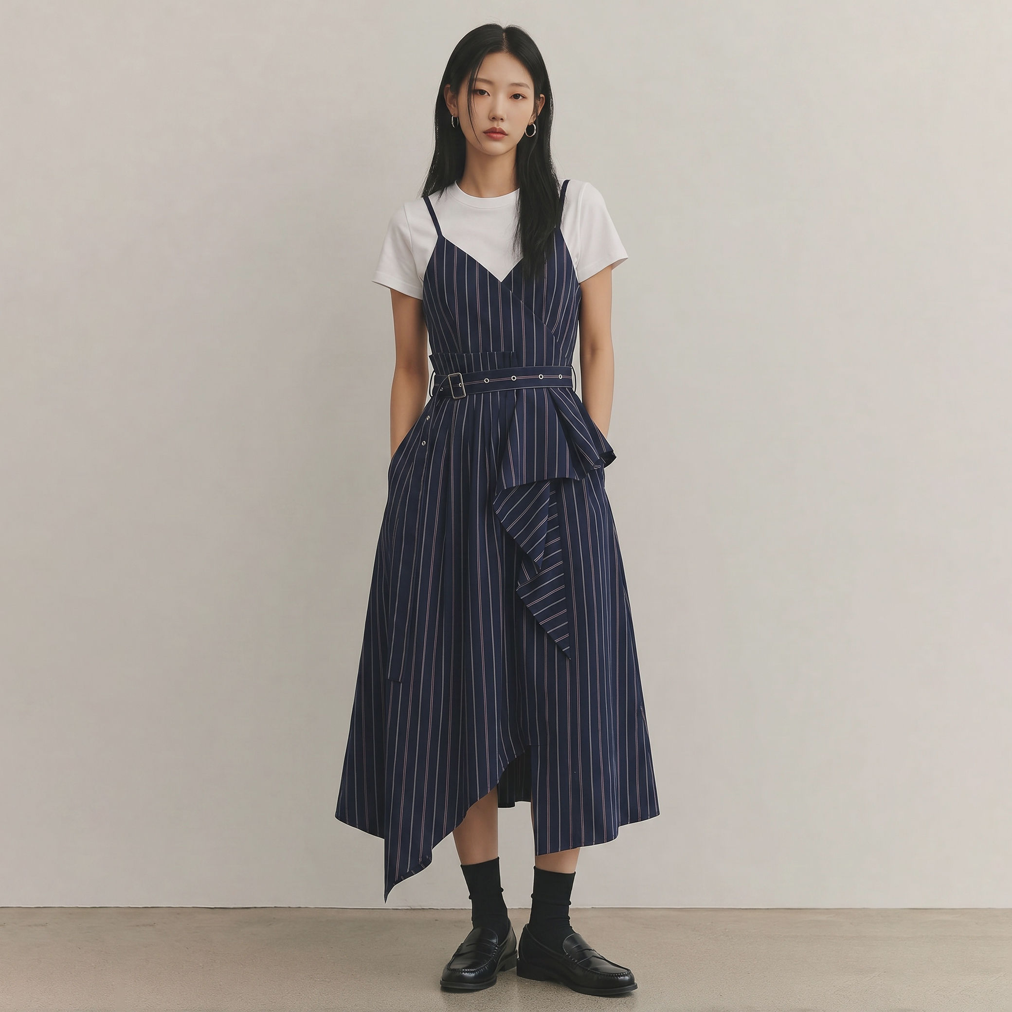 Striped ruffle pleating strap dress