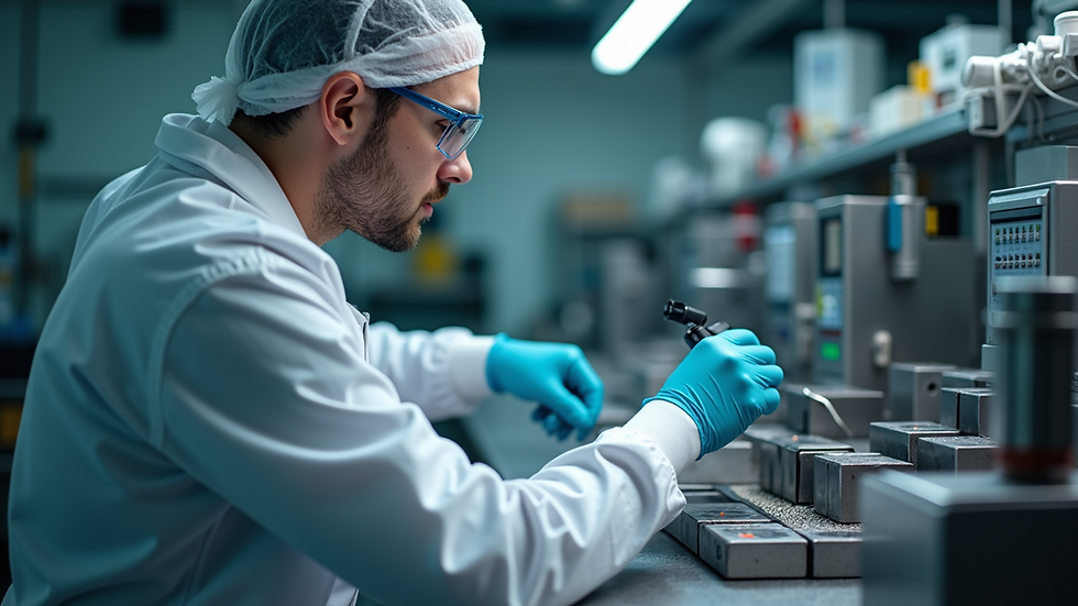 High angle view of laboratory technician preparing metal samples for analysis