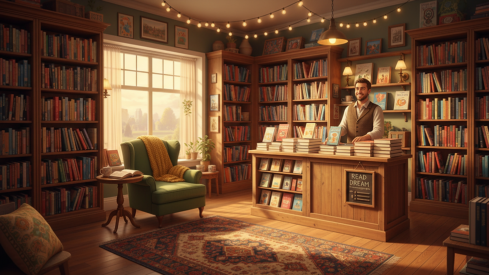 Eye-level view of a cozy small-town bookstore with warm lighting