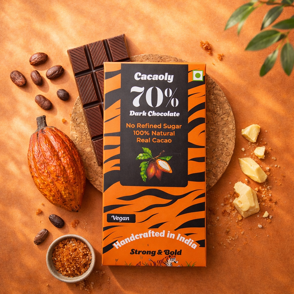 Cacaoly 70% Dark Chocolate: Tiger-striped packaging, handcrafted in India. Vegan, bean-to-bar, and no refined sugar.