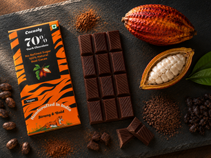 Cacaoly 70% bean-to-bar dark chocolate displayed with a whole cacao pod, opened cacao pod, cacao beans, cacao nibs, and cocoa powder on a dark stone surface, illustrating the ingredients behind real craft chocolate.