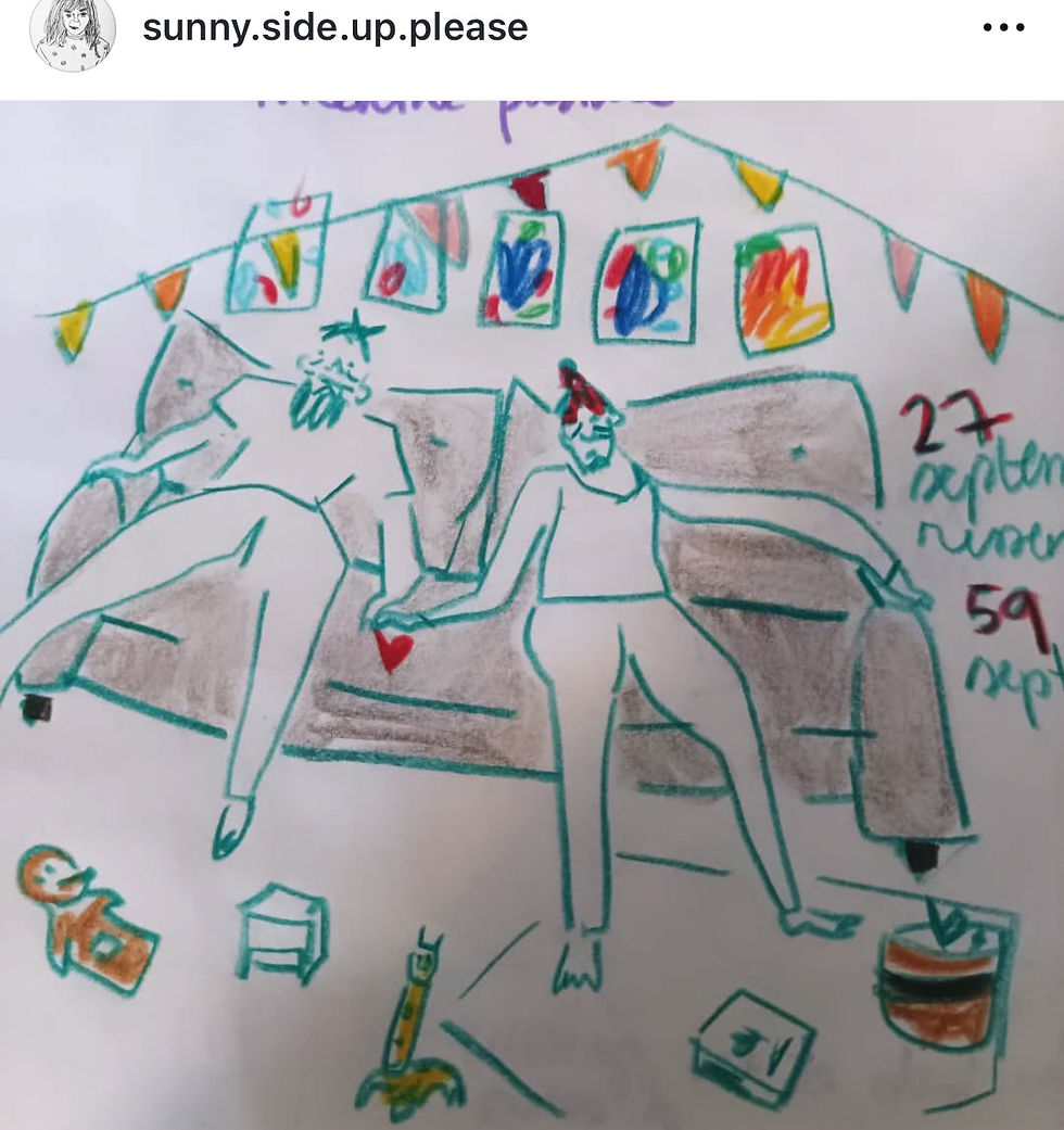 un dessin de Rebeca: les parents apres une journee chargée