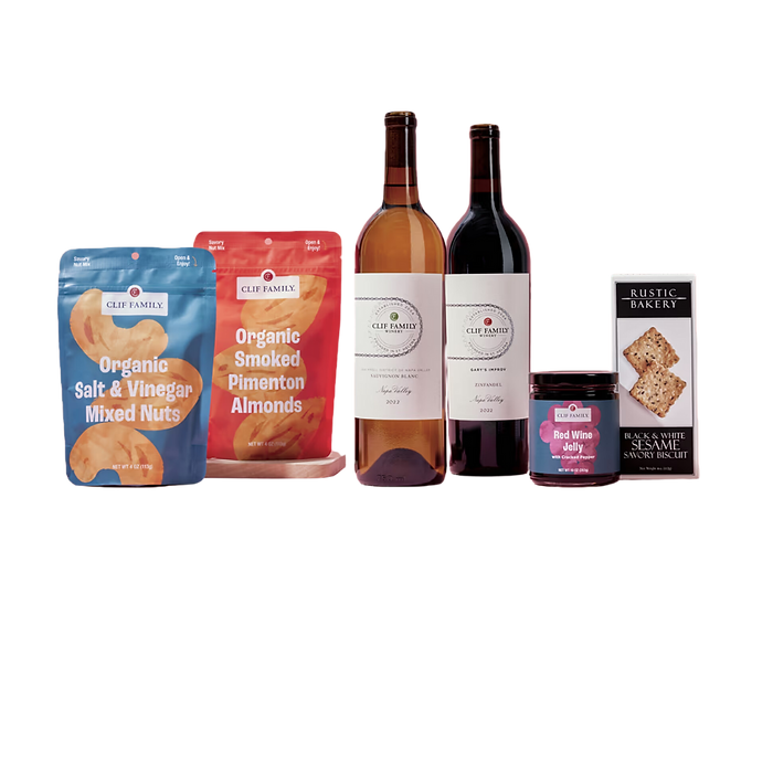 Cliff Family Winery's happy hour at home bundle featuring wine, crackers, jams and cookies, perfect holiday gift for foodies.