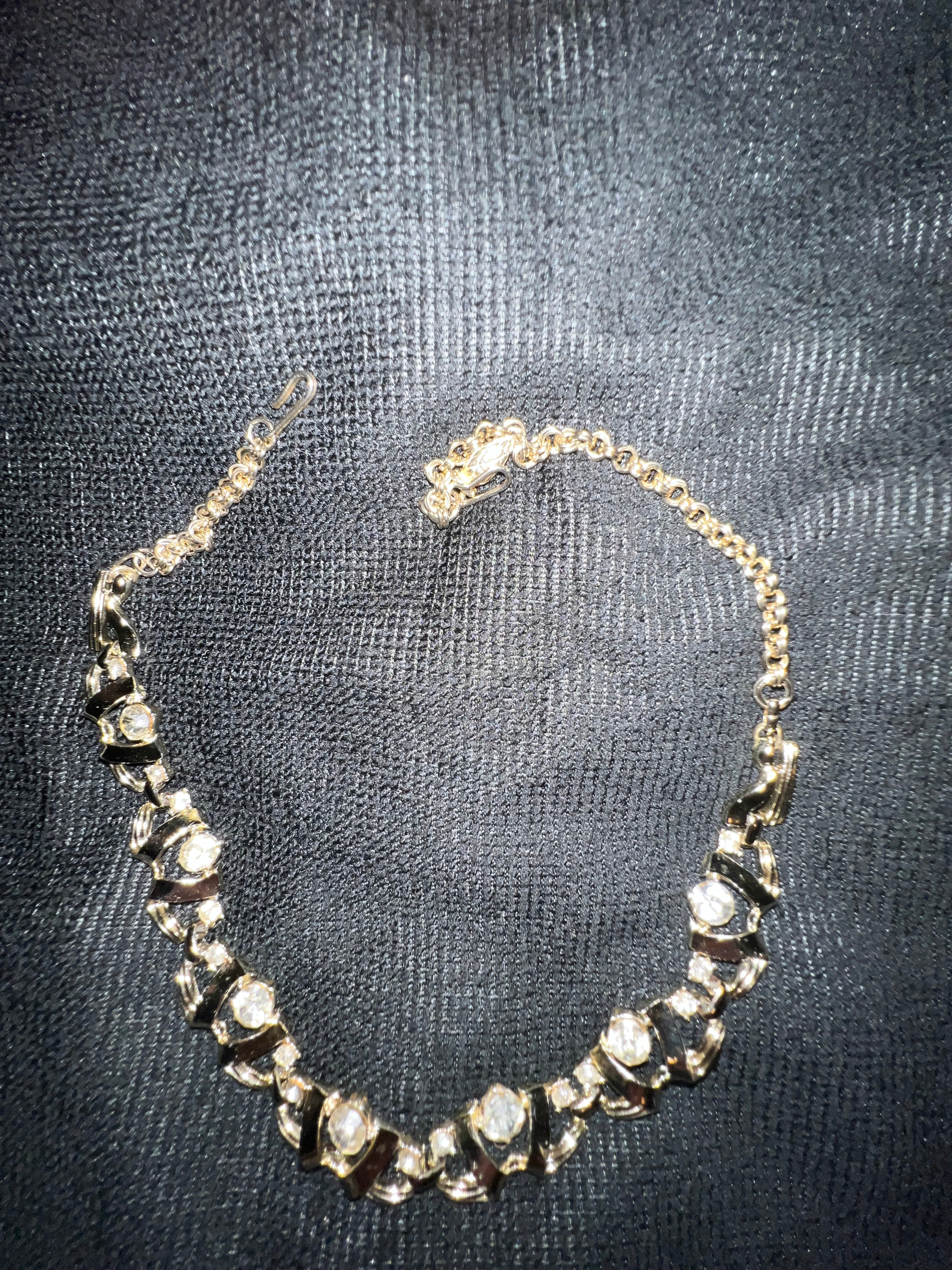 Gold Necklace with Clear Round Gemstones