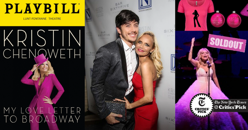 Kristin Chenoweth’s My Love Letter to Broadway collage featuring Playbill cover, backstage moments with Joseph Stanek, exclusive merch, and performance highlights.
