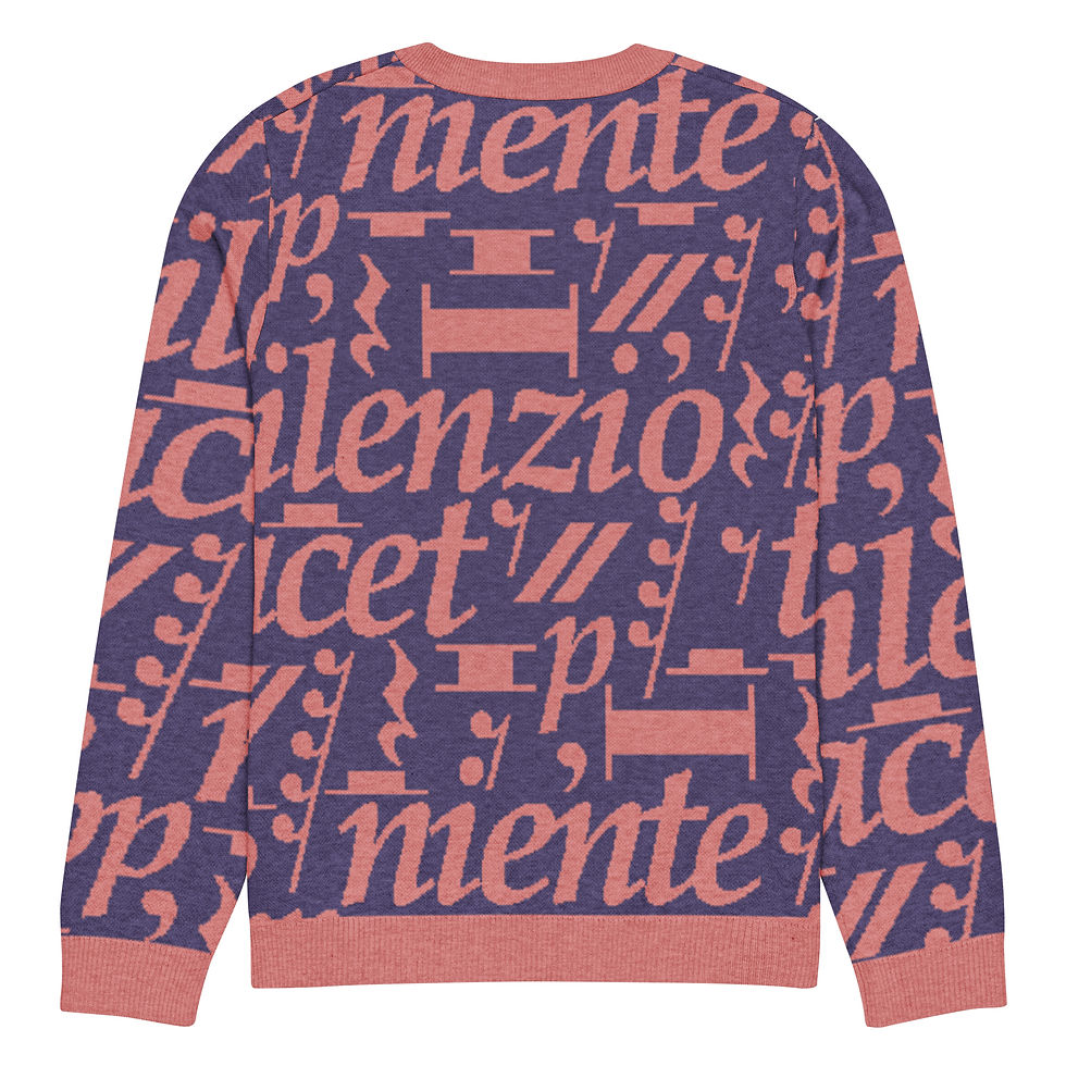 Back view of Musical Rest Sweater in Violet Rest color showing wraparound knitted music notation pattern