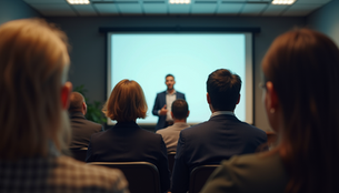 a speaker exhibiting amazing stage presence in a business lecture