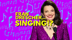 Fran Drescher smiling at a microphone in a sparkling purple dress with bold text reading “Fran Drescher… Singing!?” on a bright background with music notes.