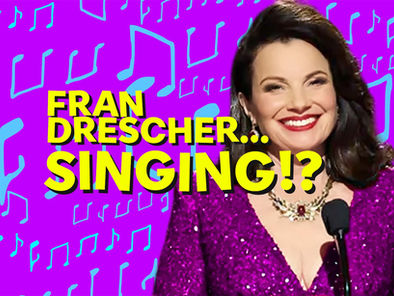 Fran Drescher smiling at a microphone in a sparkling purple dress with bold text reading “Fran Drescher… Singing!?” on a bright background with music notes.