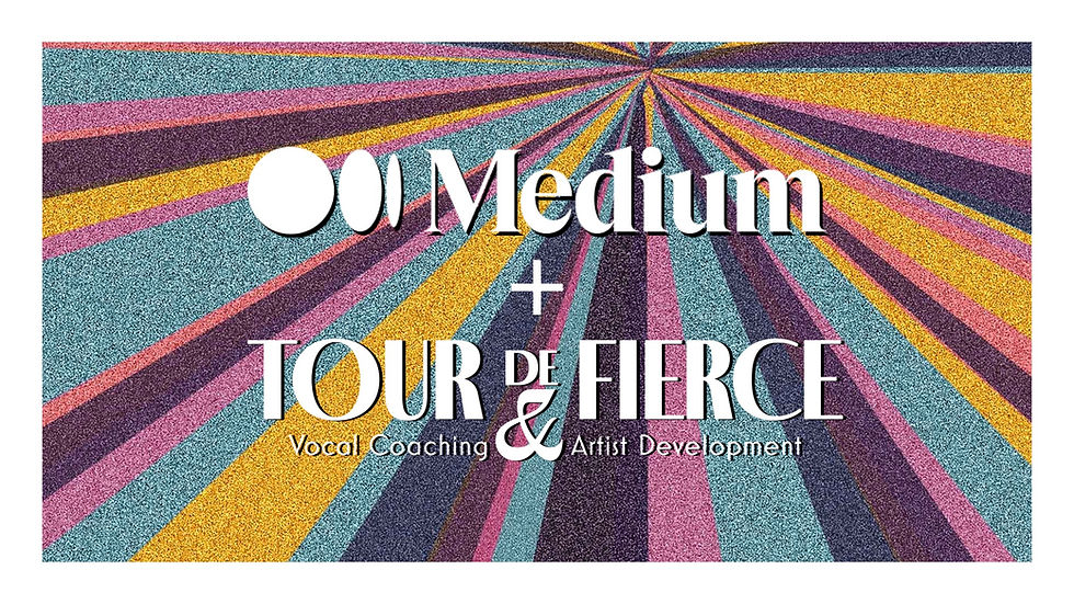 Colorful retro starburst graphic featuring the Medium logo paired with Tour de Fierce: Vocal Coaching & Artist Development, symbolizing the collaboration between Joseph 'Seph' Stanek’s vocal coaching brand and Medium.