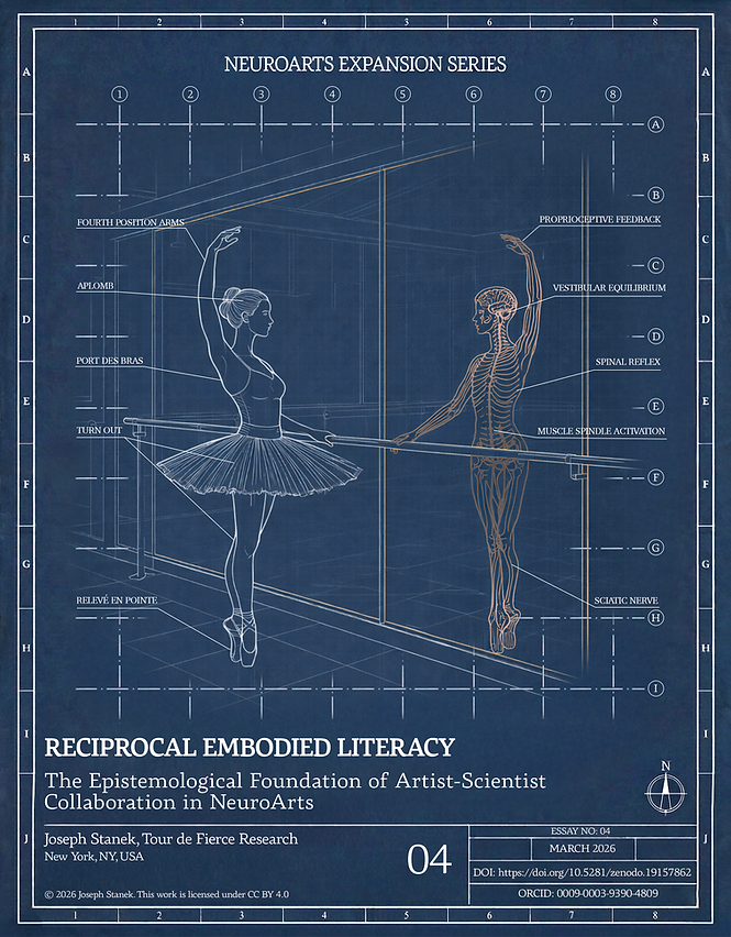 Blueprint-style figure of a ballet dancer in arabesque rendered in white architectural line art on a navy grid background, with a golden compass rose, representing Reciprocal Embodied Literacy in the NeuroArts Expansion Series by Joseph Stanek