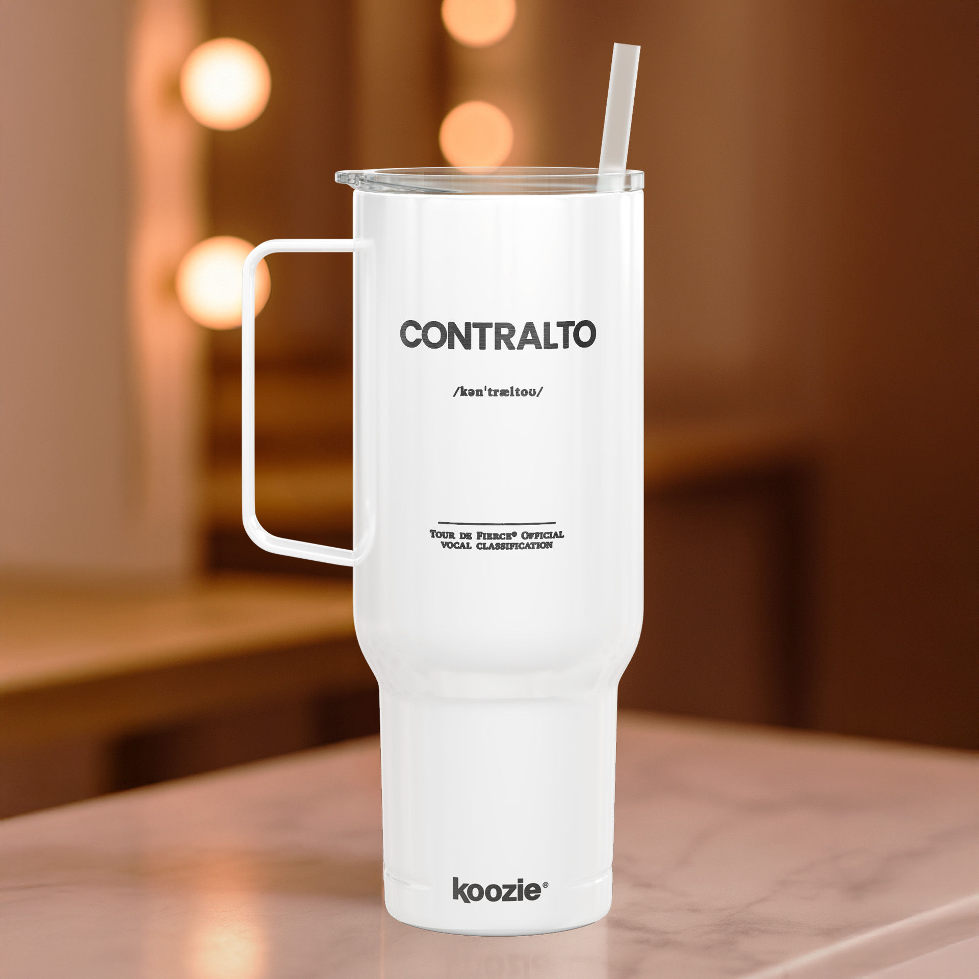 Contralto 40oz insulated tumbler on vanity table – Tour de Fierce gift for contralto