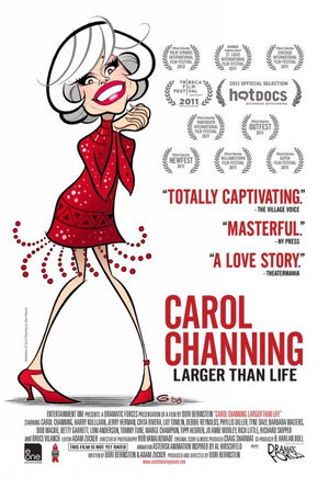 Cover artwork for Carol Channing: Larger than Life documentary featuring an illustrated Carol Channing wearing a short, sequined and beaded red dress, red heels, and sporting her iconic white hairdo and big, toothy smile