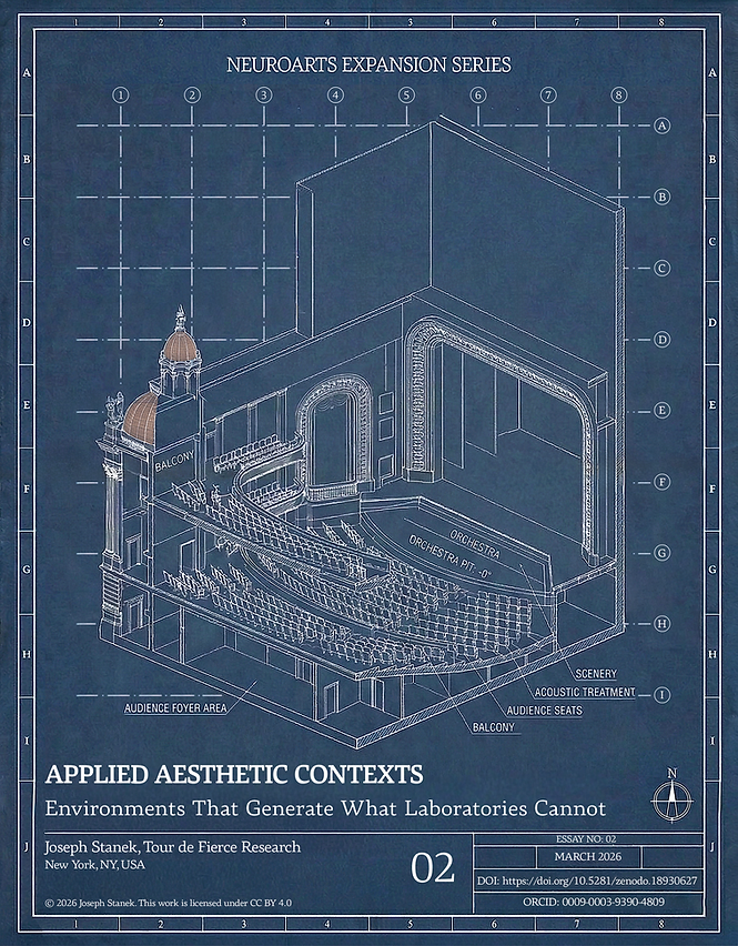 Essay No. 02 Cover,
Blueprint-style architectural cross-section of a concert hall interior in white line art on a navy grid background, with a golden compass rose, representing Applied Aesthetic Contexts in the NeuroArts Expansion Series by Joseph Stanek