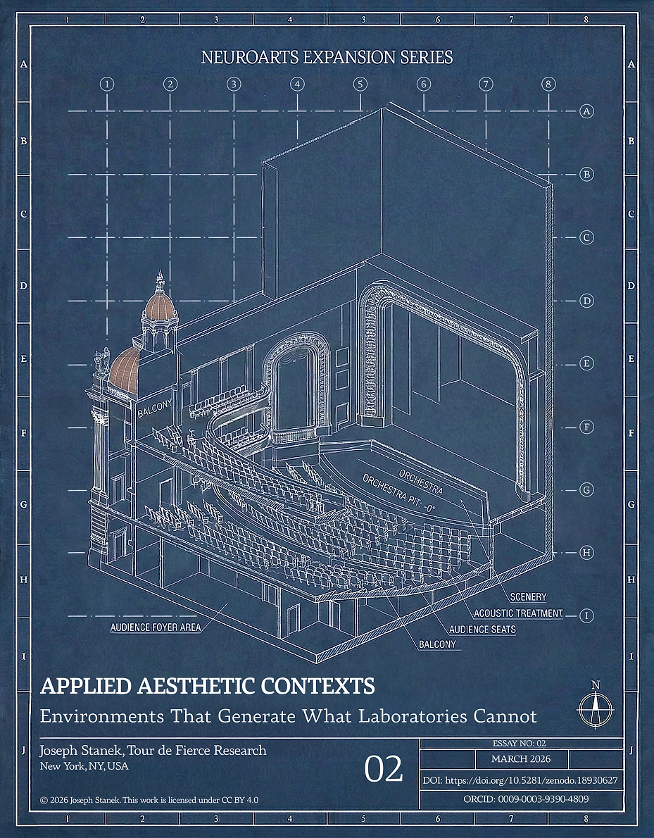Essay No. 02 Cover Blueprint-style architectural cross-section of a concert hall interior in white line art on a navy grid background, with a golden compass rose, representing Applied Aesthetic Contexts in the NeuroArts Expansion Series by Joseph Stanek