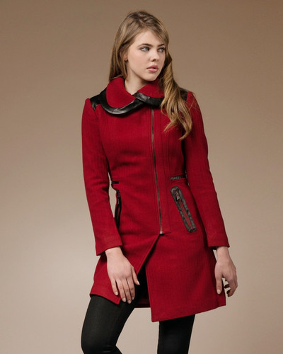 ZAREEN Wool Blend Coat with Leather Trimmed Petal Collar