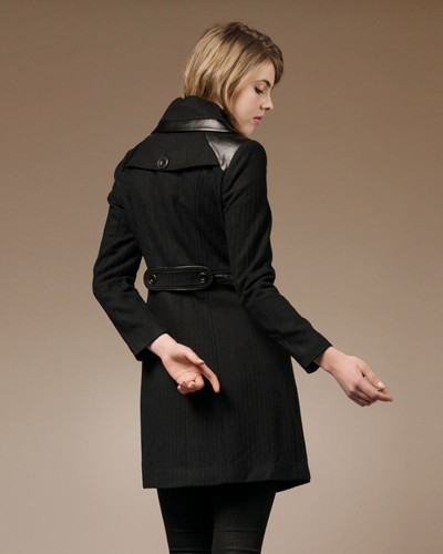 ZAREEN Wool Blend Coat with Leather Trimmed Petal Collar