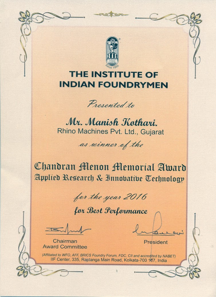 Certificate for the Chandran Menon Memorial Award for innovation and research, 2017