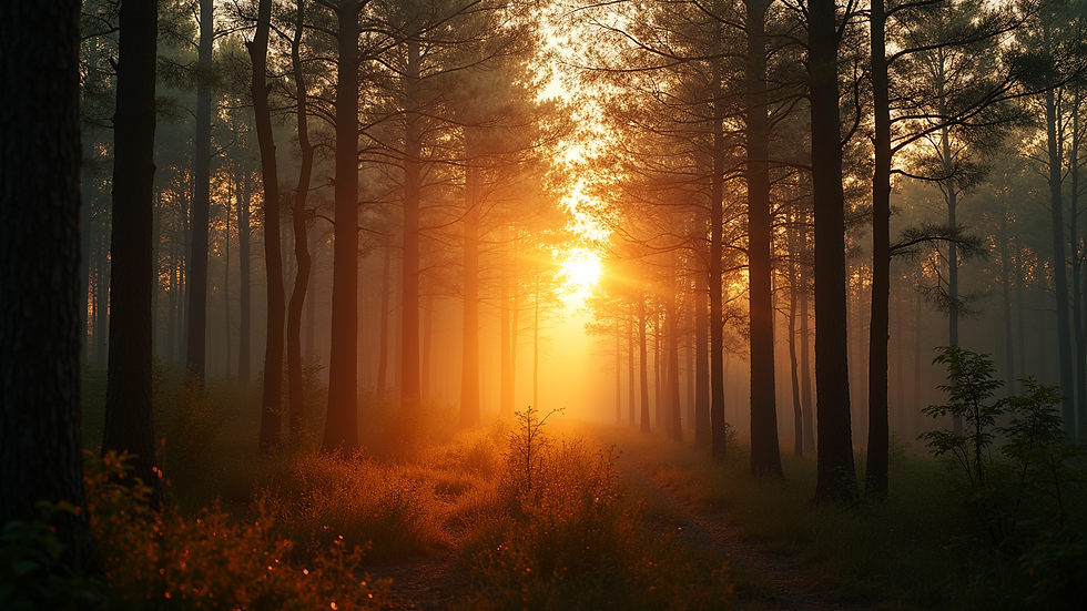 Vue panoramique d’une forêt baignée par la lumière dorée du soleil couchant
