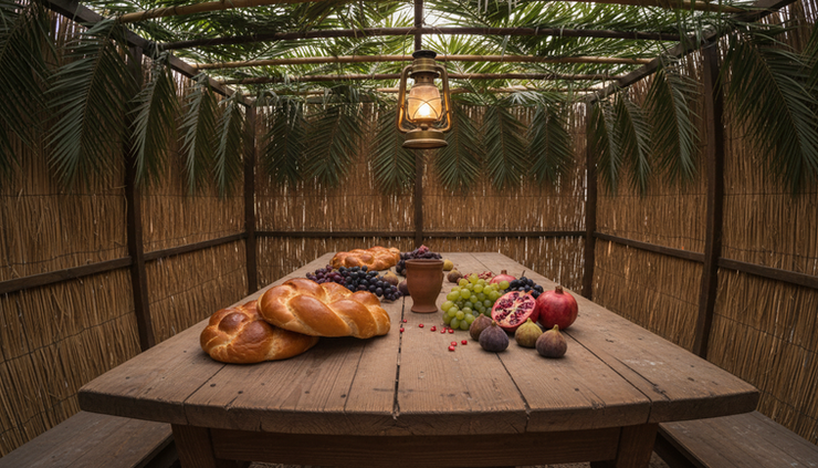 Vue à hauteur des yeux d’une table simple dressée dans une soucca avec du pain et des fruits.