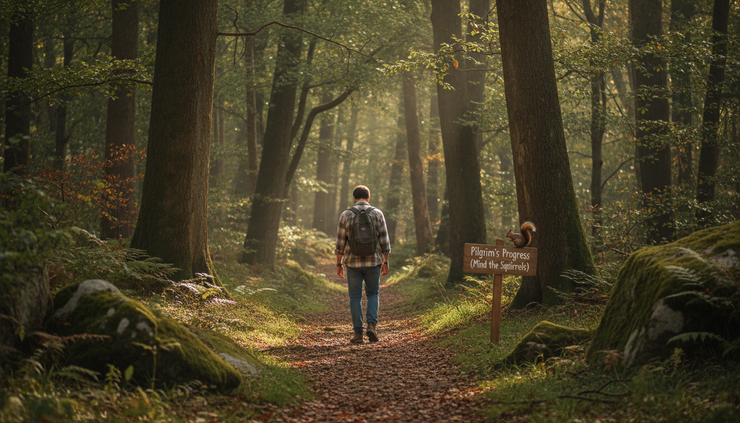 Eye-level view of a person walking on a quiet forest path with sunlight through the trees.