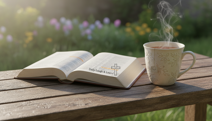 Close-up of an open Bible on a wooden bench with a mug of tea beside it.