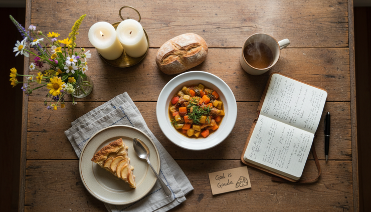 Overhead view of a homemade meal on a wooden table with a small vase and candles.