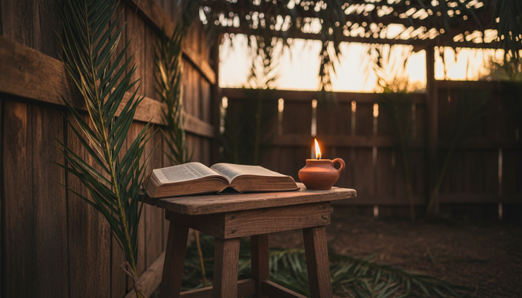 Gros plan sur une Bible ouverte près de branches de palmier et d’une petite lampe.