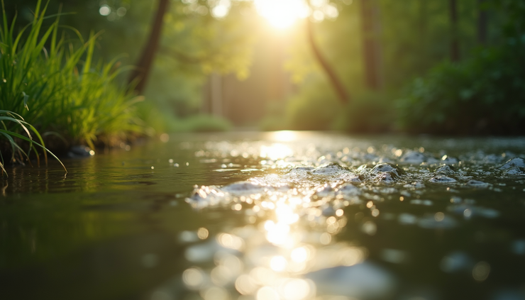 Vue rapprochée d'une rivière calme entourée de verdure, reflet de la lumière sur l'eau