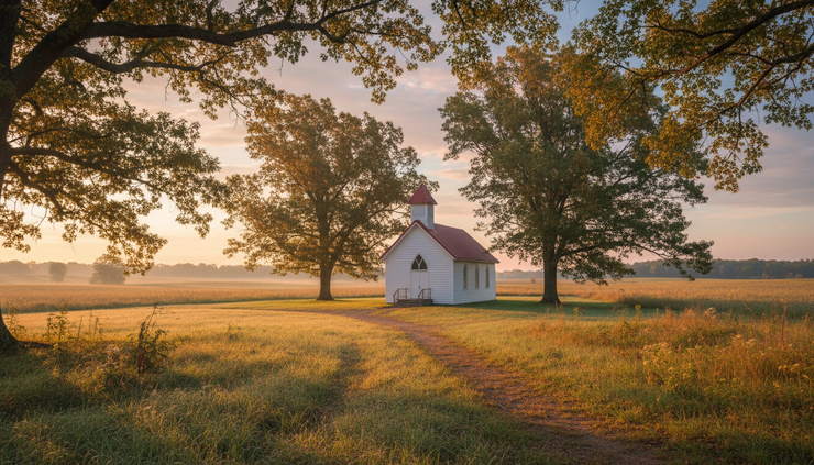Wide-angle view of a small country church at sunrise with soft light and quiet trees.