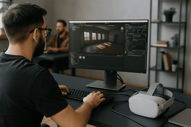 Equipo profesional desarrollando una experiencia de realidad virtual en un estudio con cascos VR y ordenadores