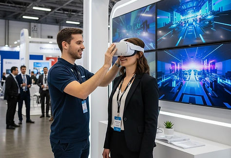 Instalación de realidad virtual en un stand de feria con técnico asistiendo a un usuario durante una experiencia inmersiva