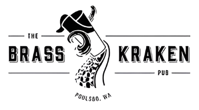 Logo of The Brass Kraken. There is a tentacle holding a drink.