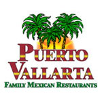 Logo of Peurto Vallarta Family Mexican Restaurants. There are three palm trees with the sun behind them.