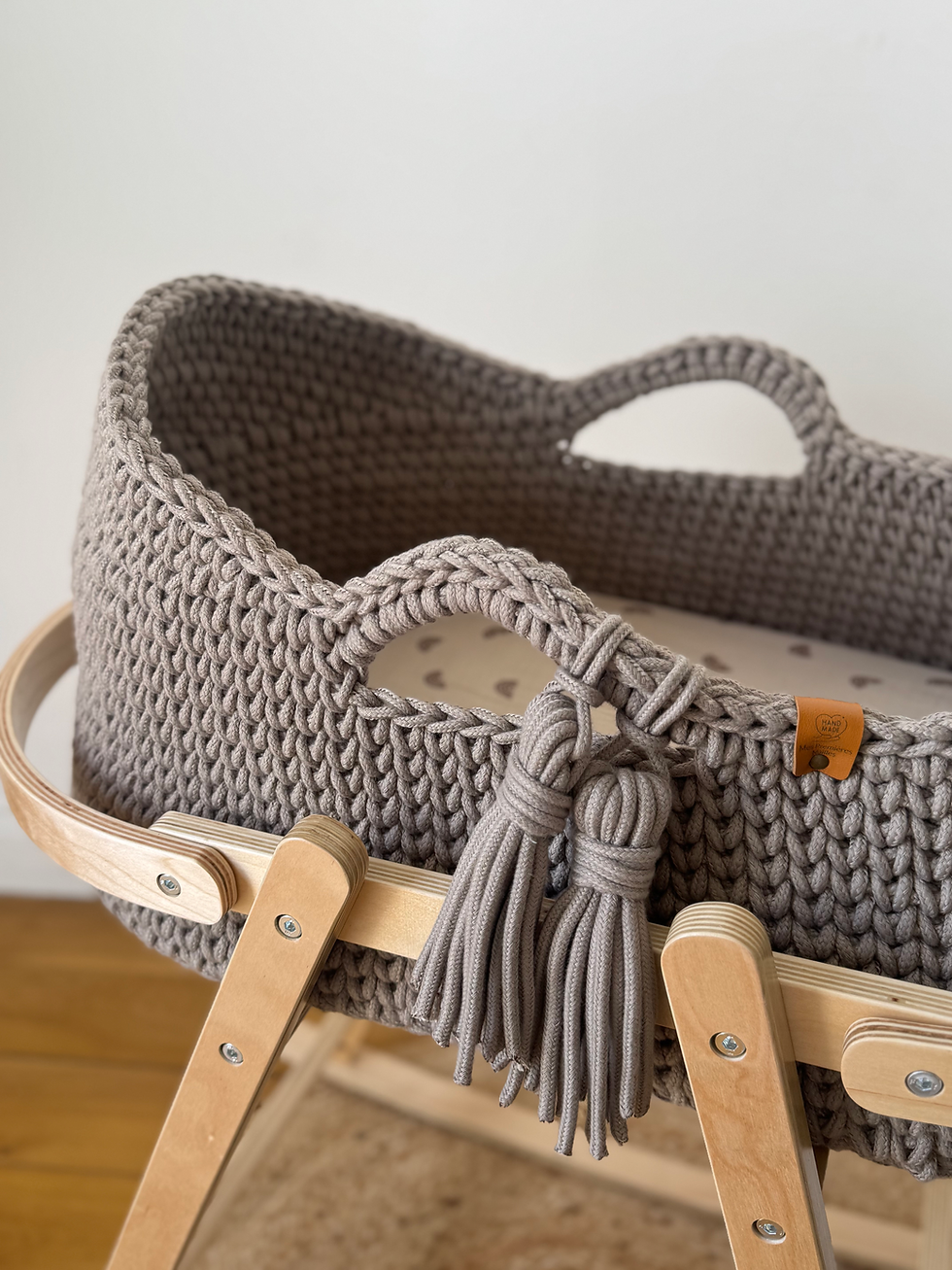 Thumbnail: Crocheted Moses Basket with wooden stand 