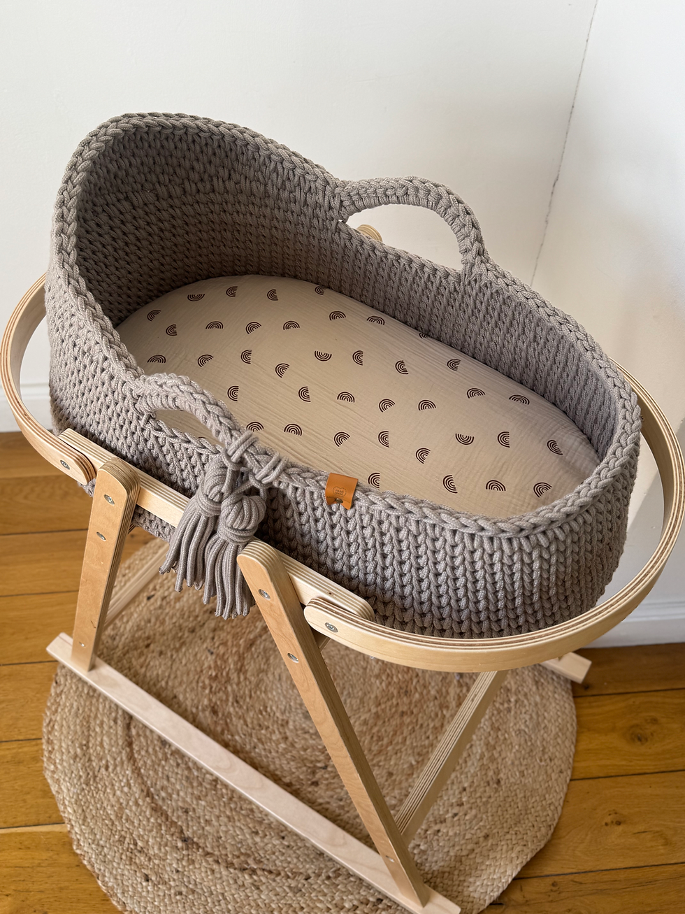 Thumbnail: Crocheted Moses Basket with wooden stand 