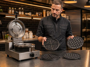 Commercial technician comparing removable Belgian and bubble waffle plate sets beside a waffle machine