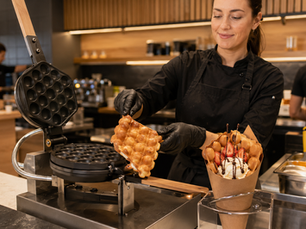 Dessert shop employee preparing a golden bubble waffle on commercial non-stick bubble waffle plates