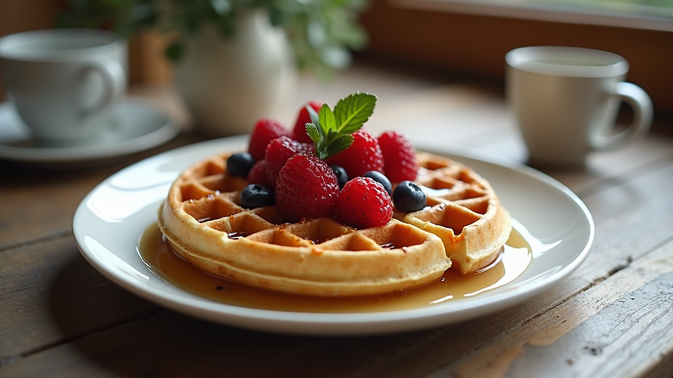 Eye-level view of a perfectly plated golden waffle with fresh berries and syrup